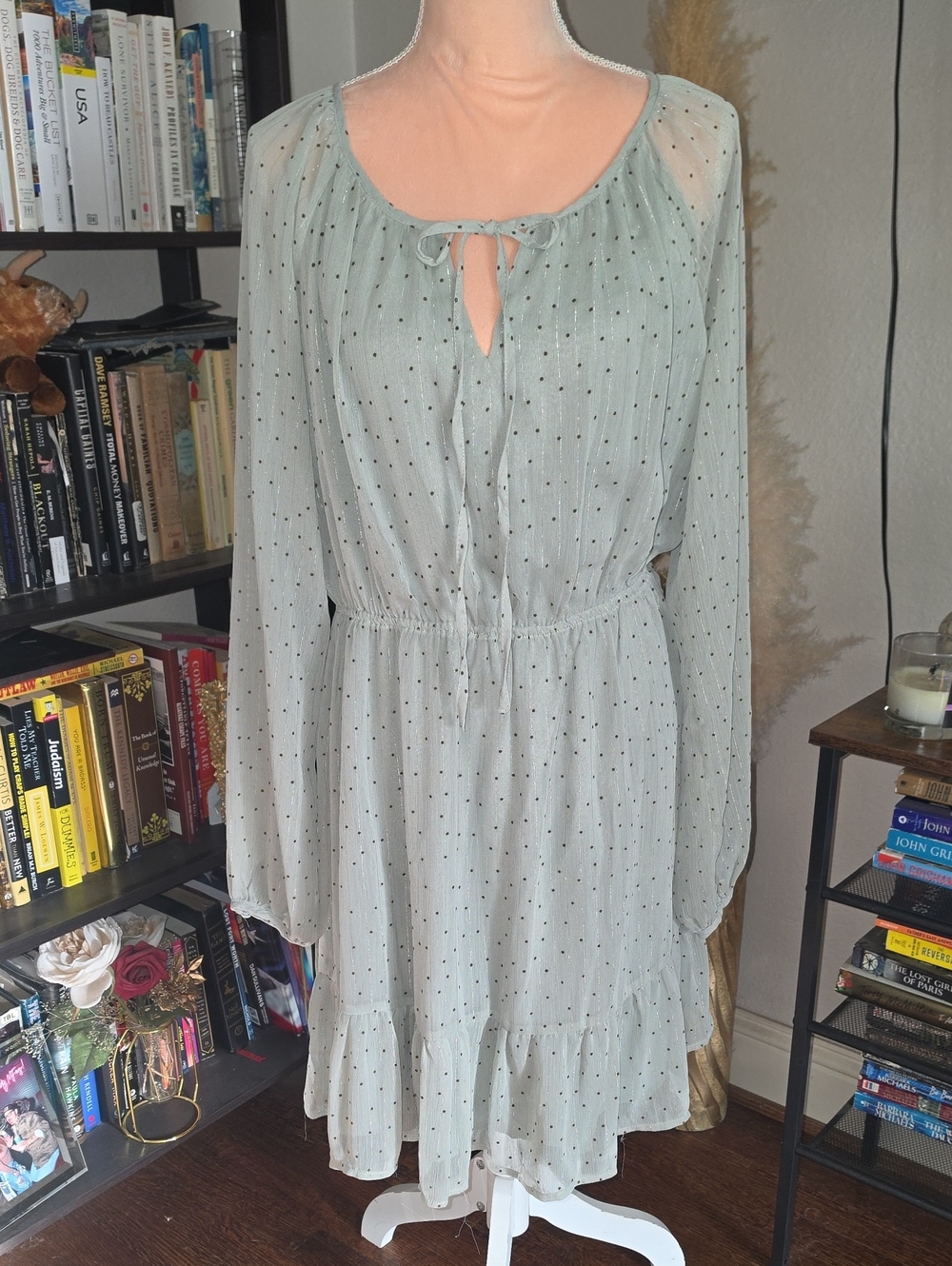 GILLI Sage Green Polka Dot Ruffle Dress Boho Tie Neck Long Sleeve Size Large